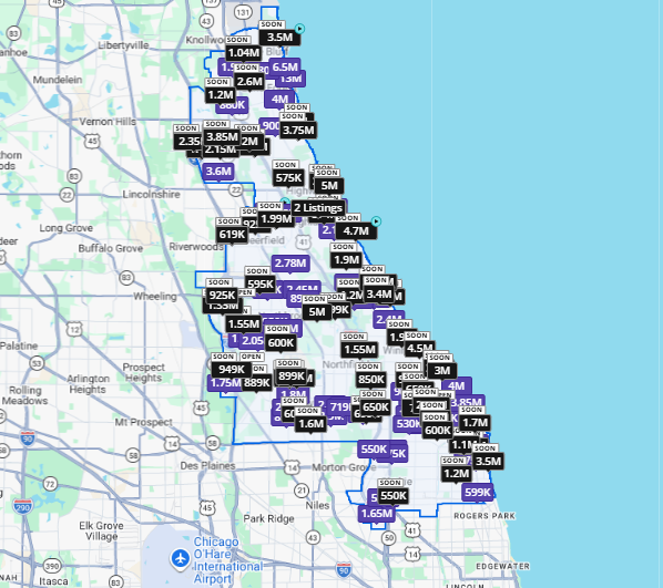 Map reference showing private-market and coming-soon style property markers across Chicago and the North Shore.